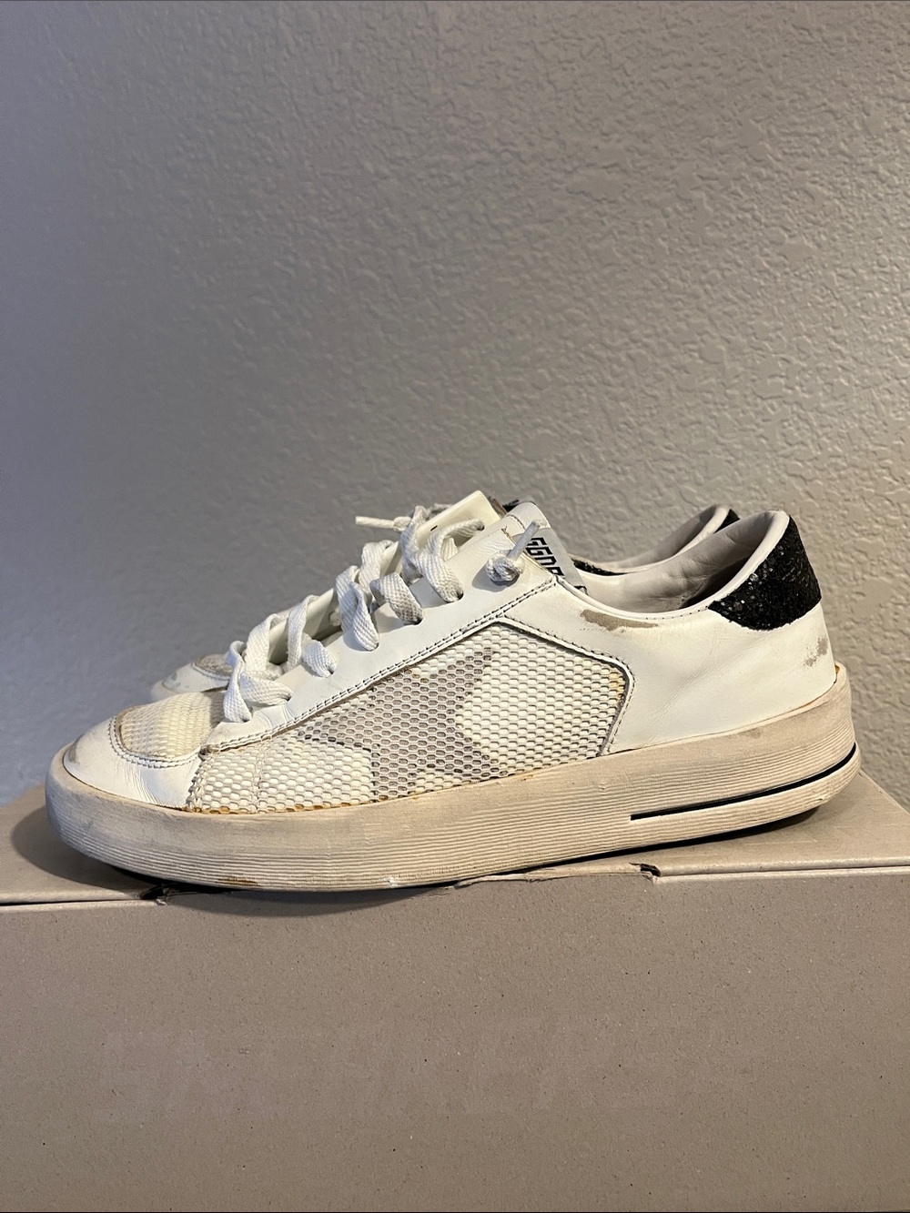 Private Edition(EU 39)Stardan White Sneakers with Black Glitter Heel Accent USED - Picture 3 of 8